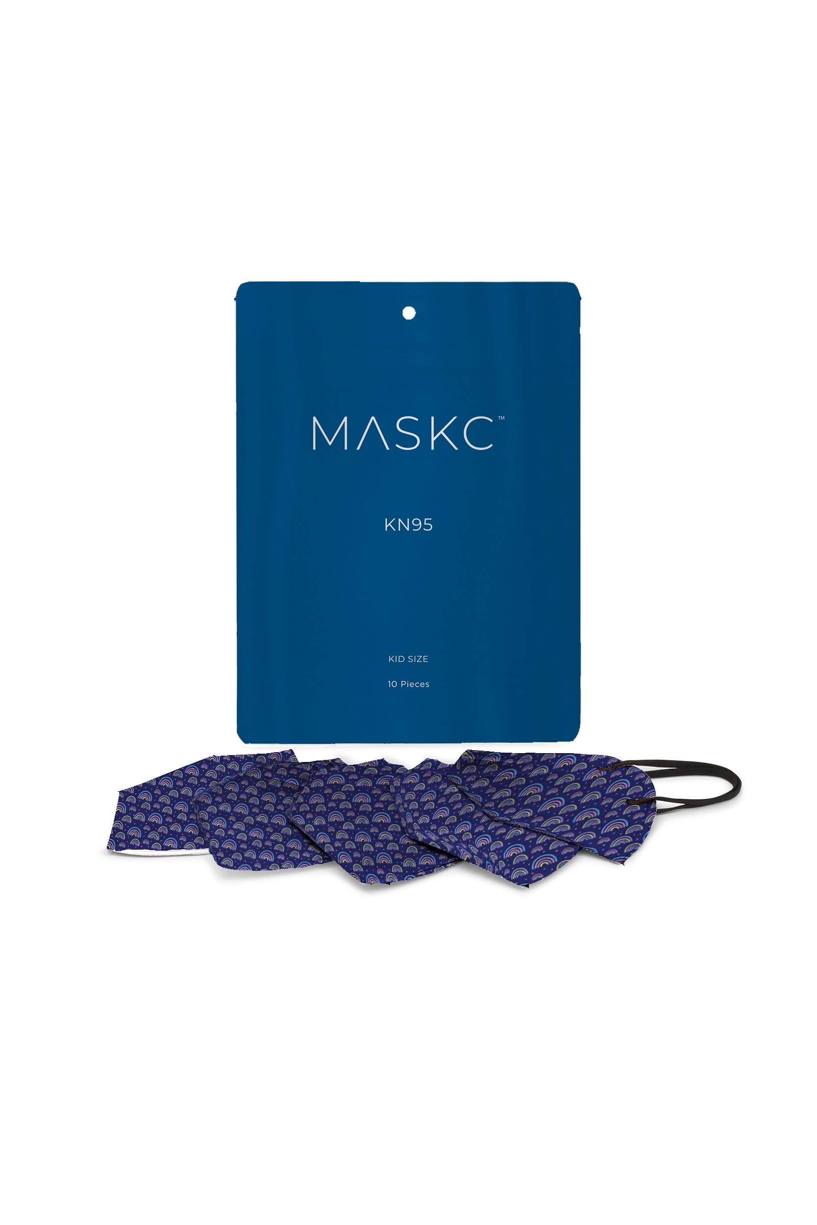Pack of Kids Blue Rainbow KN95 face masks. Each pack contains stylish high quality face masks.