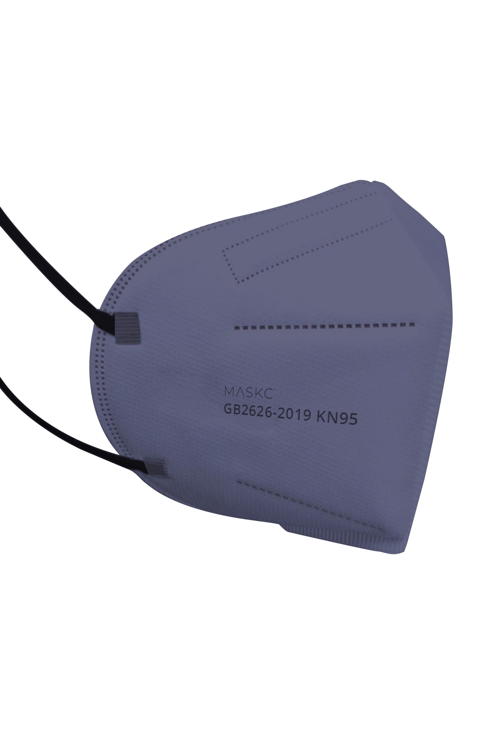 Stylish Blue KN95 face mask with printed pink hearts, with soft black ear loops and high quality fabric. 