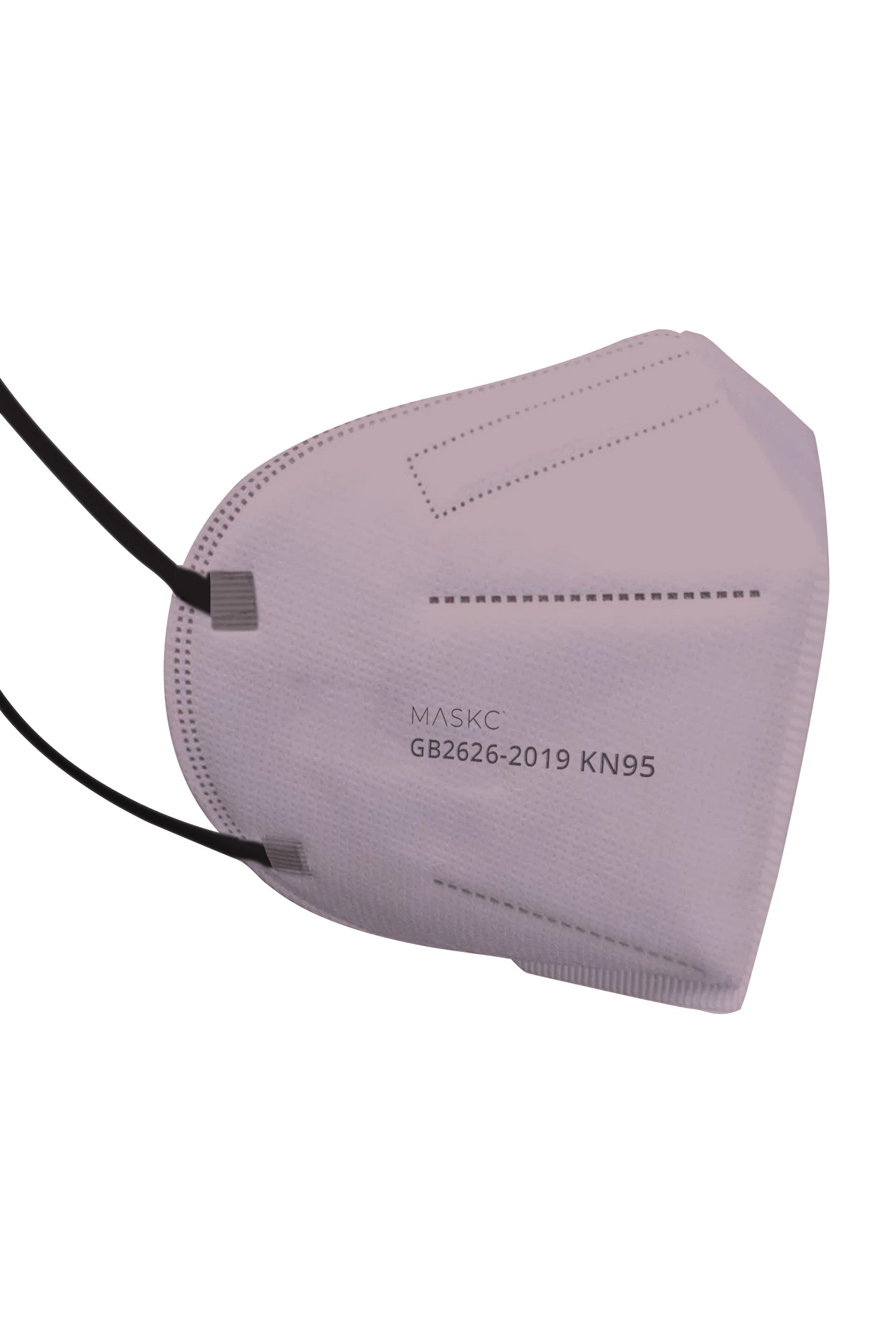 Stylish Light Purple KN95 face mask with printed pink hearts, with soft black ear loops and high quality fabric. 